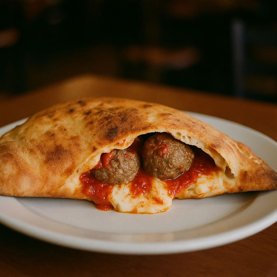 A Sarpino's Pizzeria calzone, split open, revealing two meatballs, marinara sauce, and melted cheese.