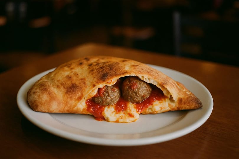 A Sarpino's Pizzeria calzone, split open, revealing two meatballs, marinara sauce, and melted cheese.