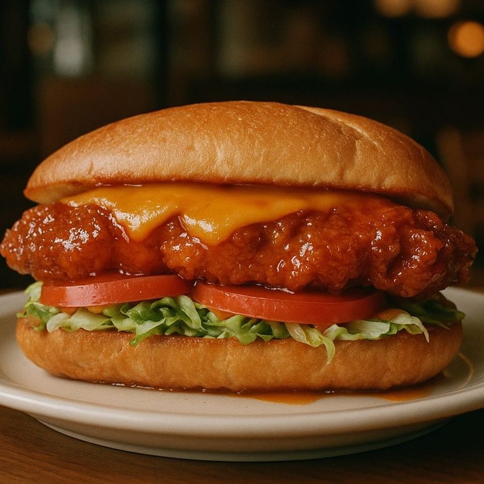 Spicy chicken sandwich with melted cheese, lettuce, and tomato on a bun, on a white plate.
