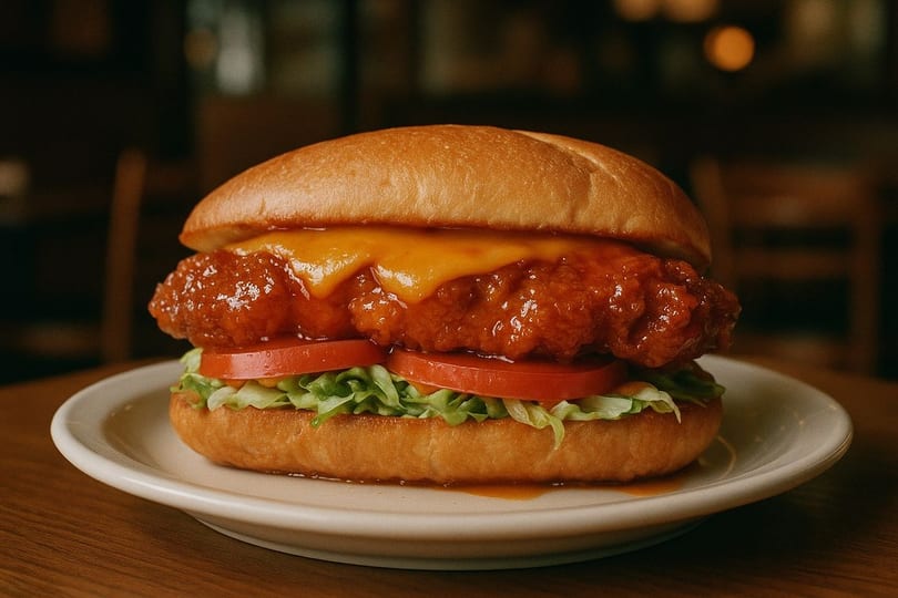 Spicy chicken sandwich with melted cheese, lettuce, and tomato on a bun, on a white plate.