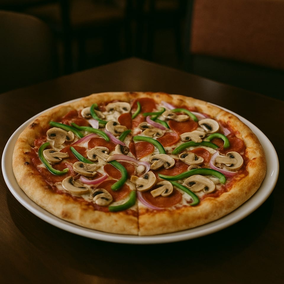 Sarpino's Pizzeria pizza with pepperoni, mushrooms, green peppers, and red onions on a white plate.