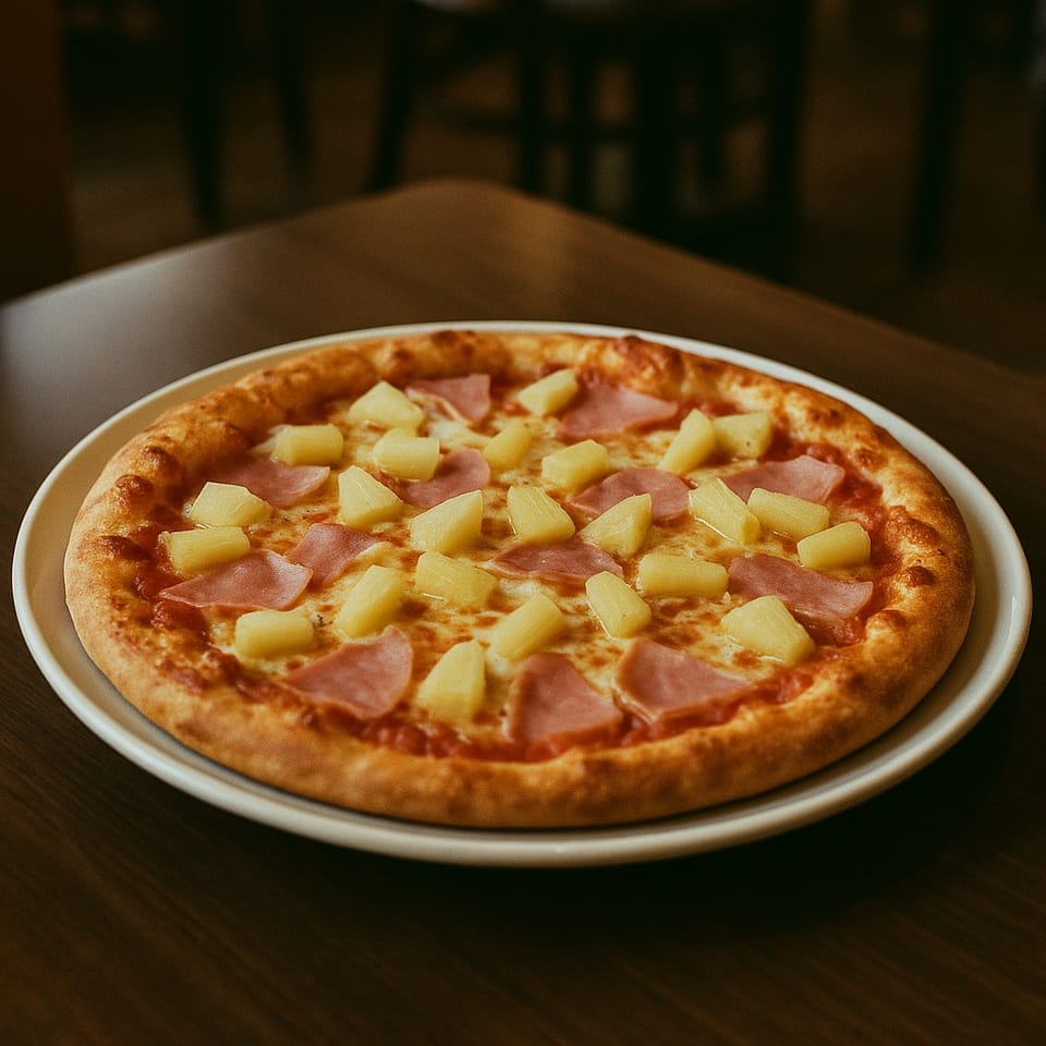 A Sarpino's Pizzeria Hawaiian pizza with ham and pineapple on a white plate.