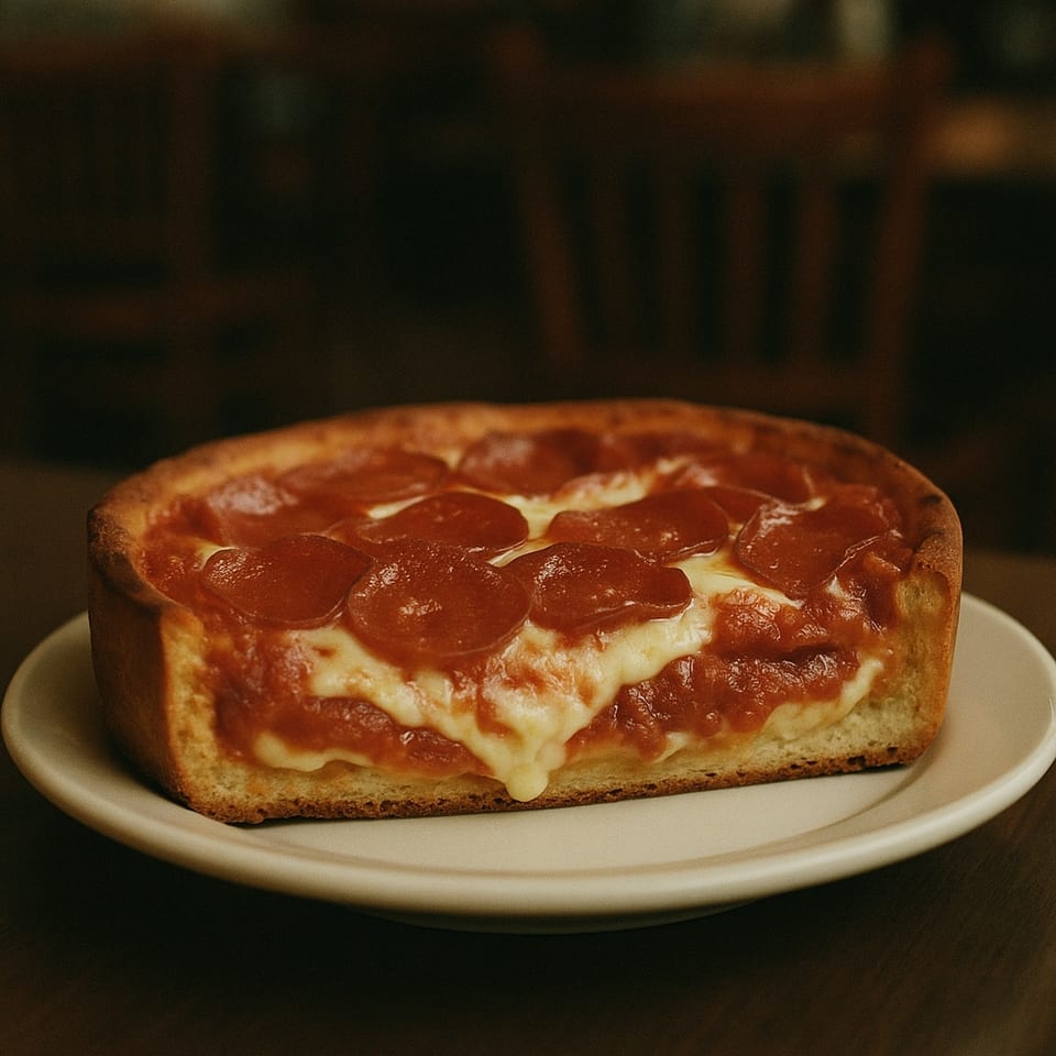 Deep dish pepperoni pizza with melted cheese and rich tomato sauce on a white plate.