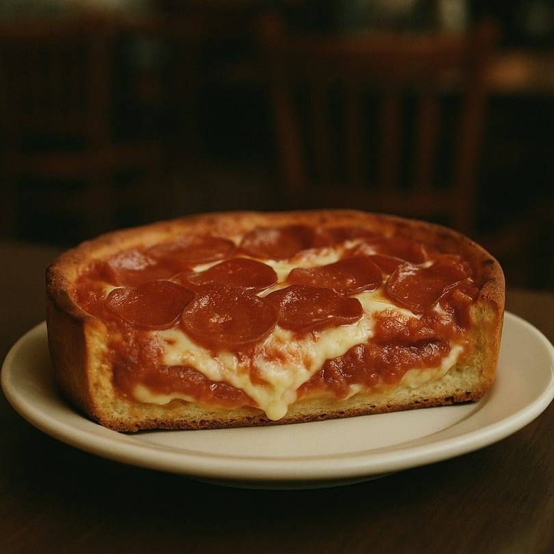 Deep dish pepperoni pizza with melted cheese and rich tomato sauce on a white plate.