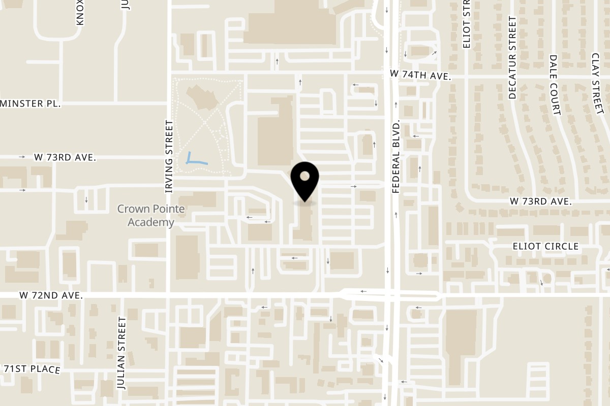 Map showing the location of Sarpino's Pizzeria Westminster on 7243 N Federal Blvd in Westminster